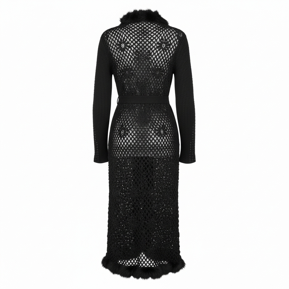 Ruby Cho Black Sequin Crochet Faux Fur Trim Duster Cardigan S - Picture 8 of 14